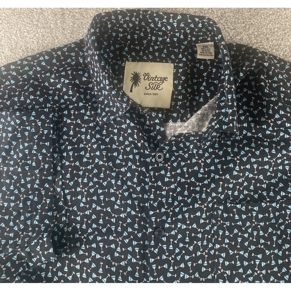 Vintage Silk All Over Martini Glass Shirt Black Mens XXL Silk Preppy Hawaiian